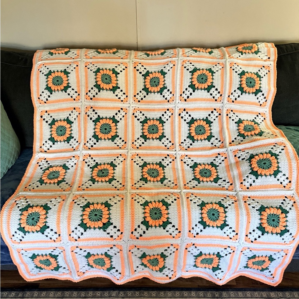 Cozy Crochet Blanket in Peach, Green, and White